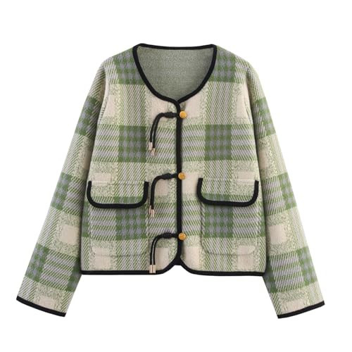 HOULENGS Women's Vintage Button Down Cardigan Sweaters Plaid Print Long Sleeve Knit Jackets with Pockets Fall Winter Fashion Green Large | Amazon (US)