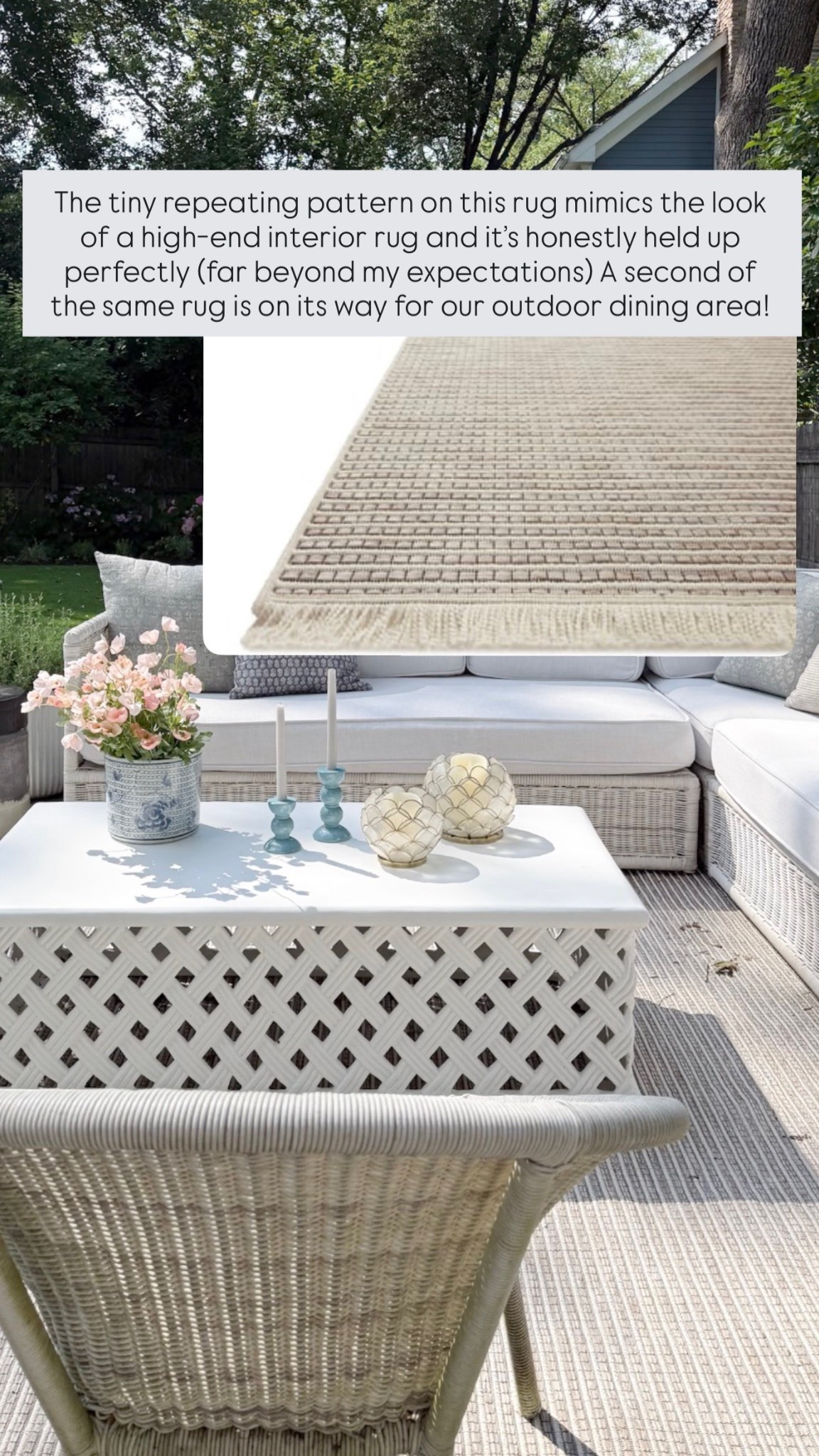 The tiny repeating pattern on this rug mimics the look of a high-end interior rug and it’s honestly held up perfectly. Currently on sale!!!

Backyard, spring, outdoor decor, backyard inspo, GIRLONTHEHUDSON, outdoor decor, backyard inspo, Serena & Lily furniture, summer inspo, backyard design, outdoor furniture, outdoor rug, loloi 

#LTKSaleAlert #LTKHome #LTKSeasonal