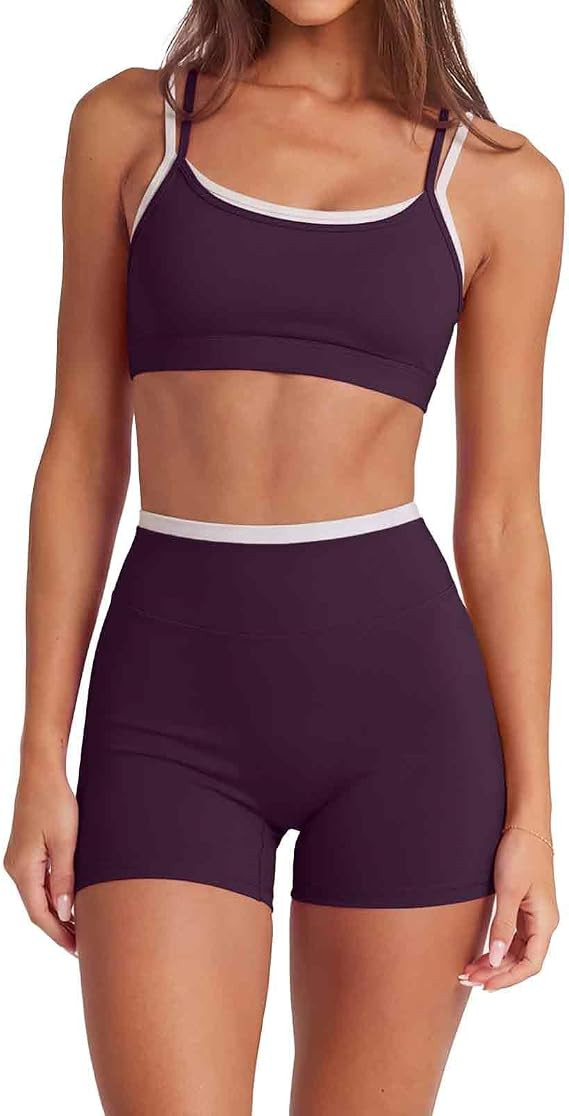 SUUKSESS 2 Piece Workout Sets Layered Sports Bra Yoga Gym Biker Shorts | Amazon (US)
