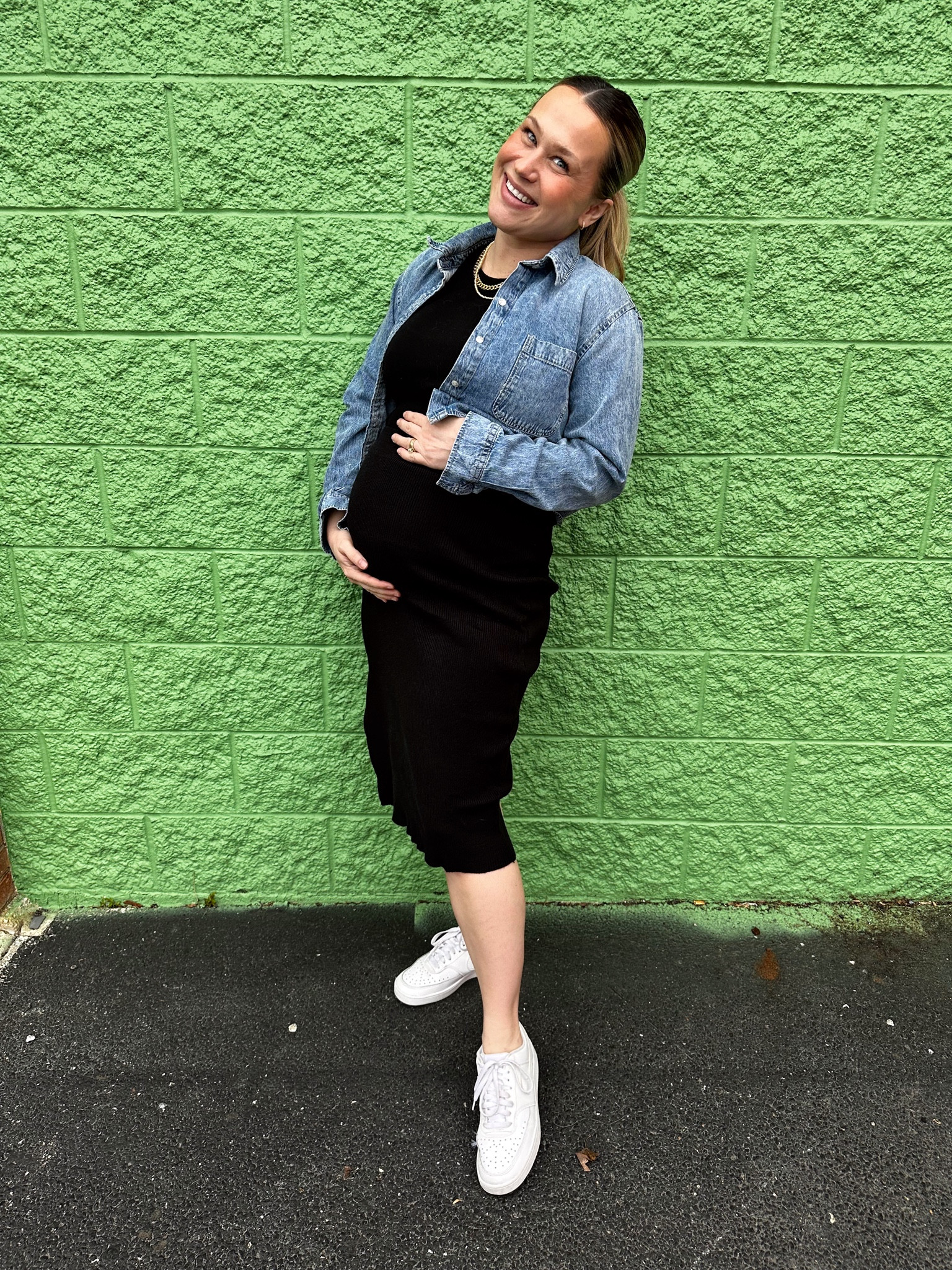 Non maternity outfit that fits over a bump! Black skirt, black tank top, white sneakers, denim shirt, gold necklaces #springoutfits #maternity #amazonfashion #casualoutfit 

#LTKsalealert #LTKbump #LTKfindsunder50