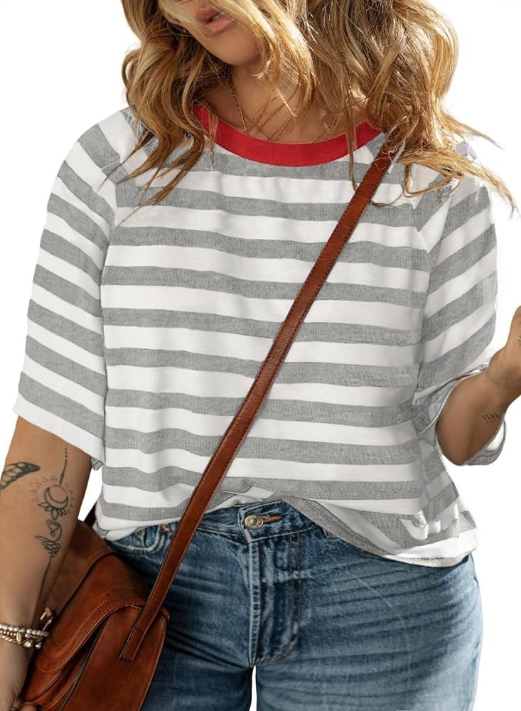Eytino Women Plus Size Tops Striped Crewneck Half Sleeve Loose Casual Summer Tee Shirts(1X-5X) | Amazon (US)
