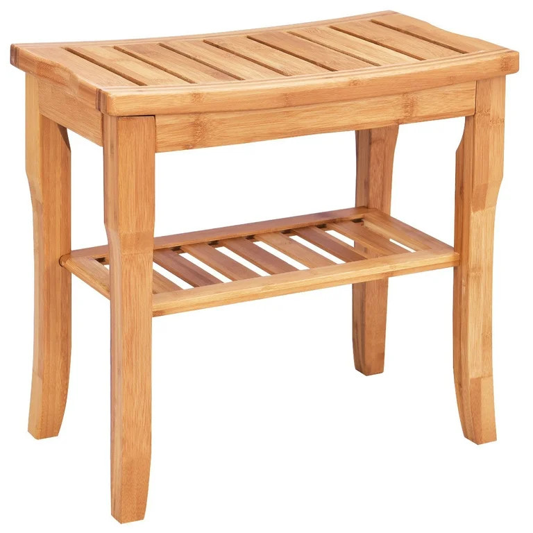 Costway Bamboo Shower Seat Bench Bathroom Spa Bath Organizer Stool with Storage Shelf | Walmart (US)