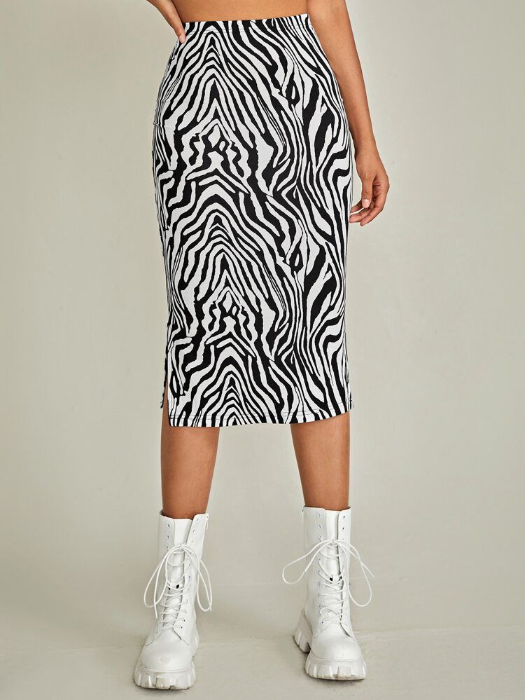 SHEIN High Waist Zebra Stripe Split Hem Skirt | SHEIN