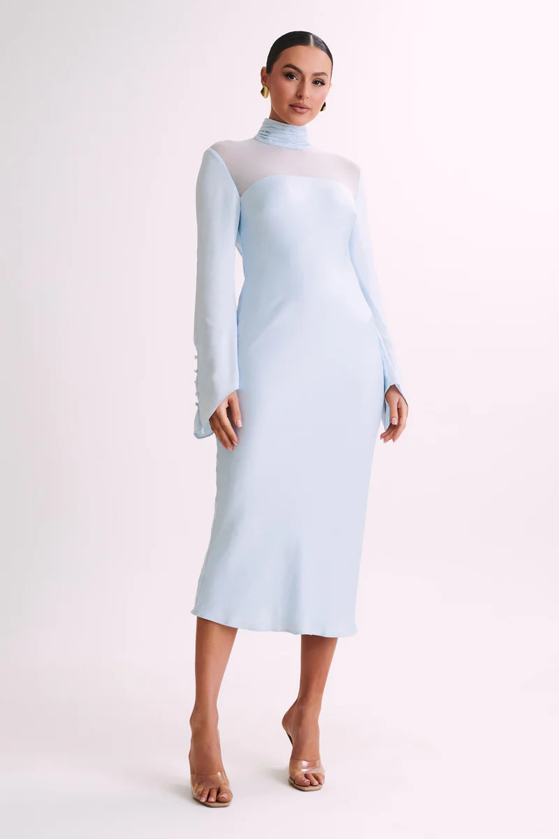 Patricia High Neck Satin Midi Dress - Powder Blue | MESHKI US