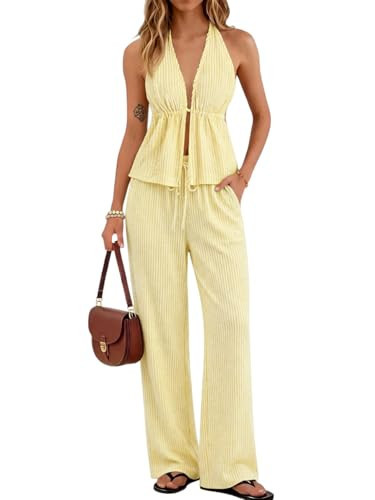 SOLY HUX Women's Matching Striped Set Backless Tank Top and Pants 2 Piece Outfits Cruise Wear Yellow Striped Medium | Amazon (US)