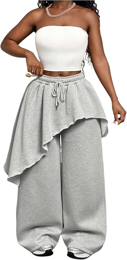 RoseSeek Women's Asymmetrical Hem Skirt Pants Drawstring Waisted Wide Leg Trousers Streetwear | Amazon (US)