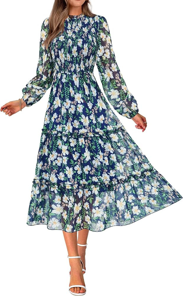 NOLLSOM Women 2023 Fall Dress Floral Boho Dress Casual Long Sleeve Crew Neck Ruffle A-Line Flowy ... | Amazon (US)