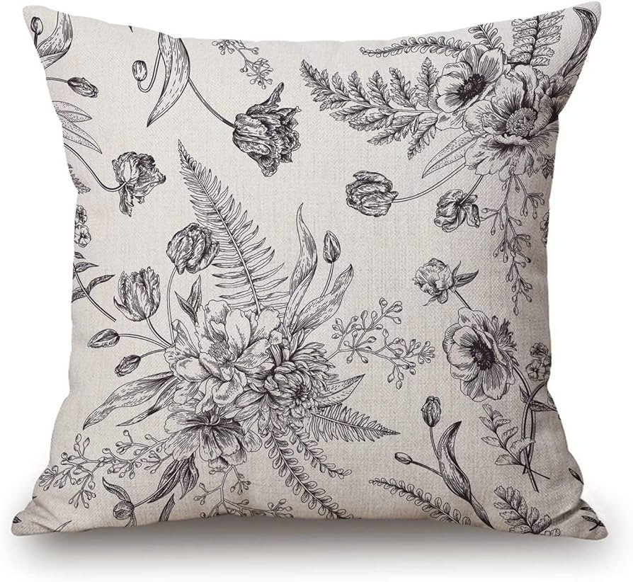 Floral Pattern Bouquets of Spring Flowers Black and White Cotton Linen Square Throw Waist Pillow ... | Amazon (US)