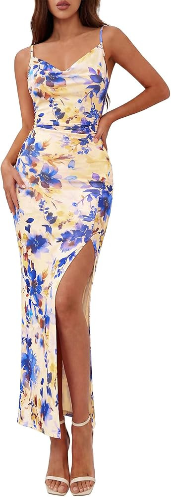 BTFBM Summer Dresses for Women 2026 Bodycon Spaghetti Strap Floral High Split Maxi Cocktail Weddi... | Amazon (US)