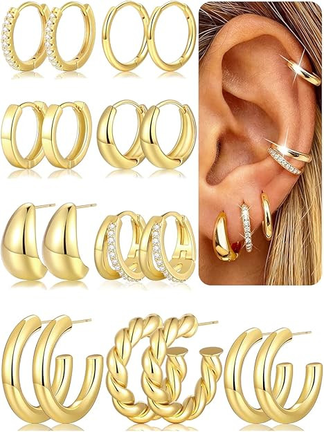 9 Pairs Gold Hoop Earrings for Women, 14K Gold Plated Chunky Hoop Earrings Set, Hypoallergenic Th... | Amazon (US)
