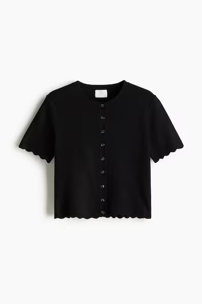 H & M - Scalloped Fine-Knit Cardigan - Black | H&M (US + CA)