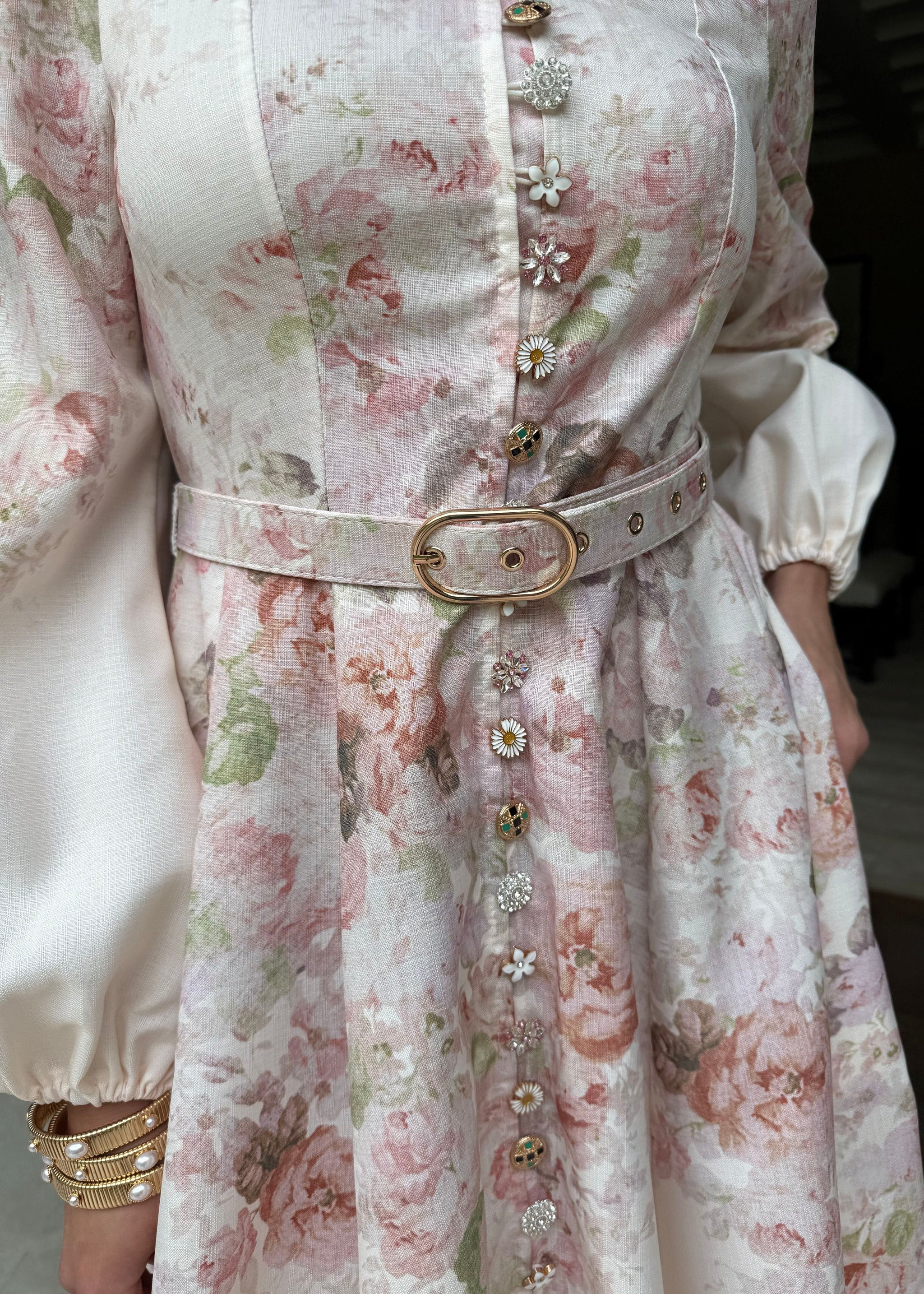 Liora Long Puff Sleeve Multicolor Floral Midi Dress | Benaar La