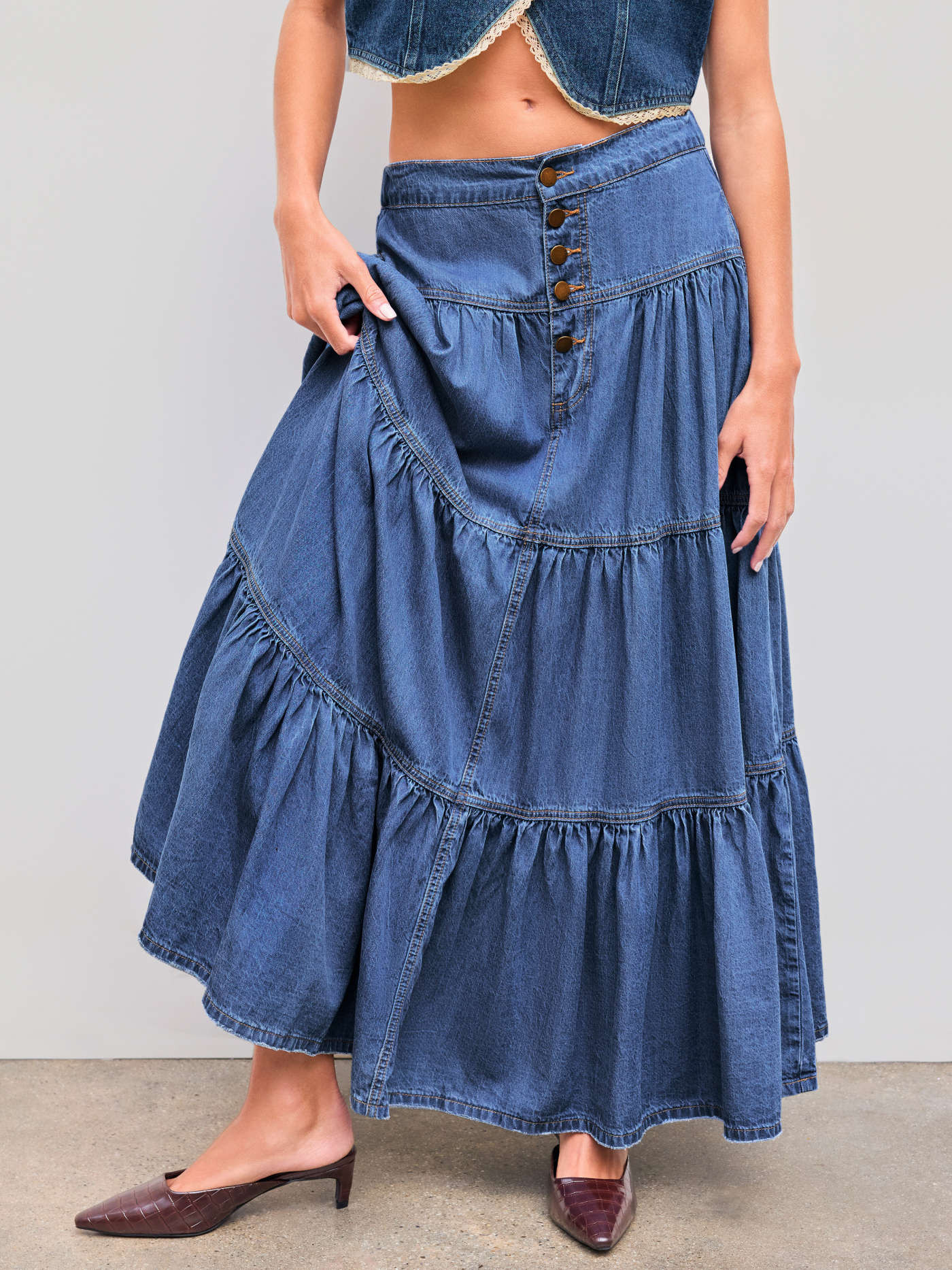 Denim Denim High Rise Solid Tiered Button Pocket Maxi Skirt For Daily Casual | Cider