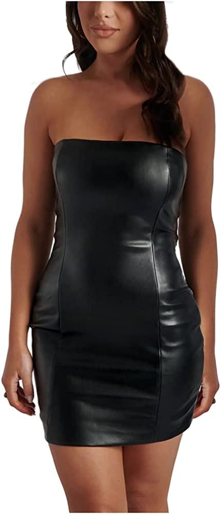 XLLAIS Women Sexy Clubwear Faux Leather Strapless Tube Top Mini Dress Off Shoulder Bodycon Party ... | Amazon (US)