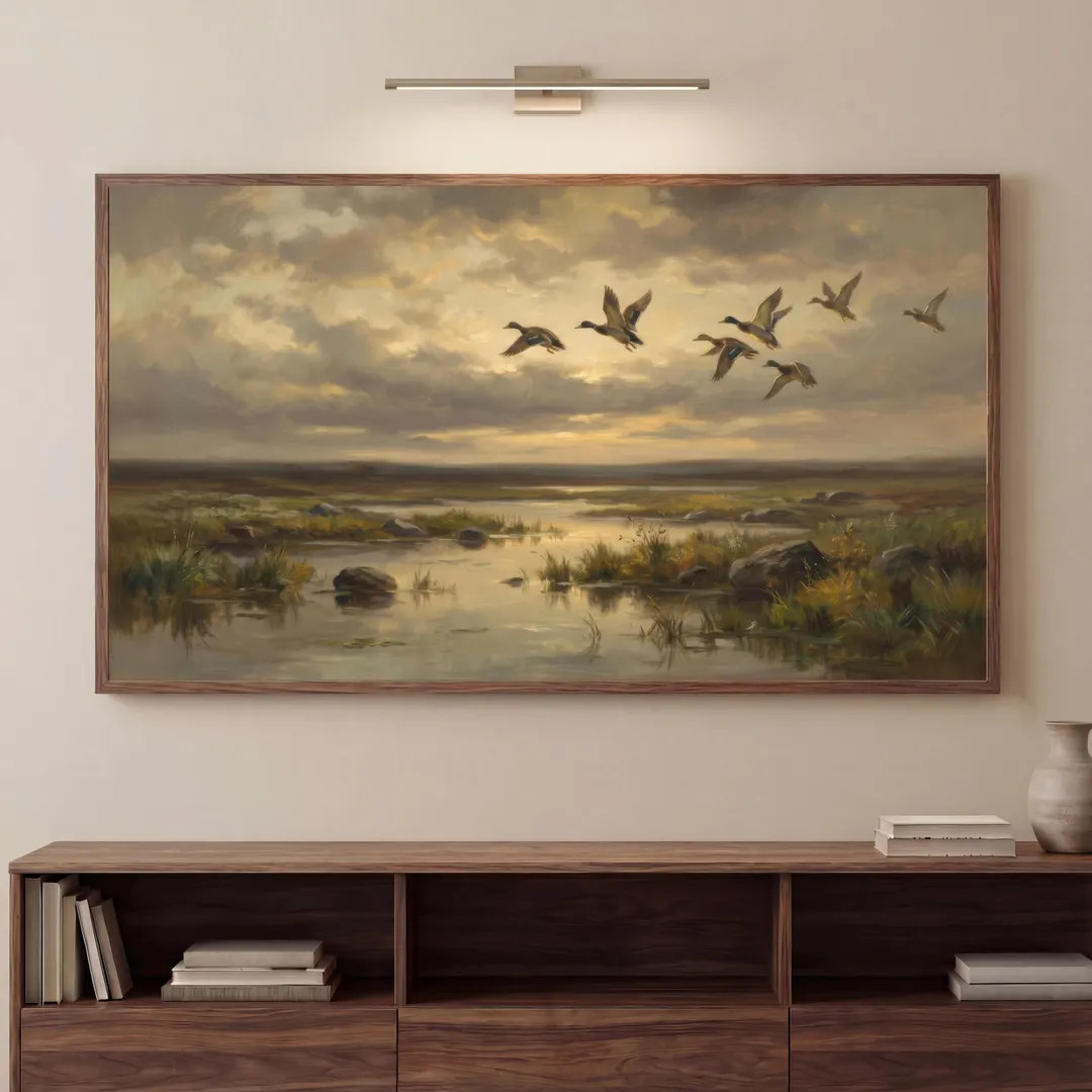 Flying Duck Frame TV Art, Mallard Duck Digital Painting, Muted Earthy Landscape Artwork, 4K Samsu... | Etsy (US)