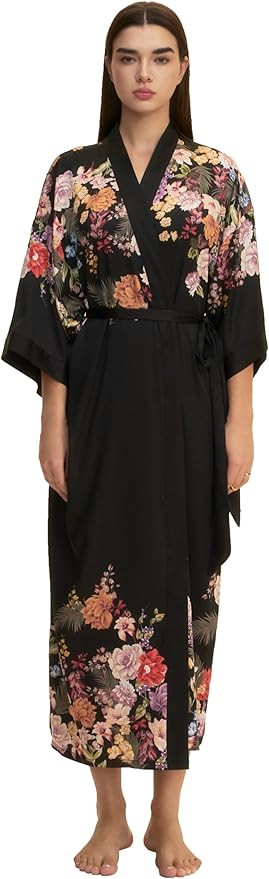 Women's Floral Long Kimono Robe Long Satin Robe Long Silk Robe Ladies Kimonos Silky Bathrobe Cove... | Amazon (US)