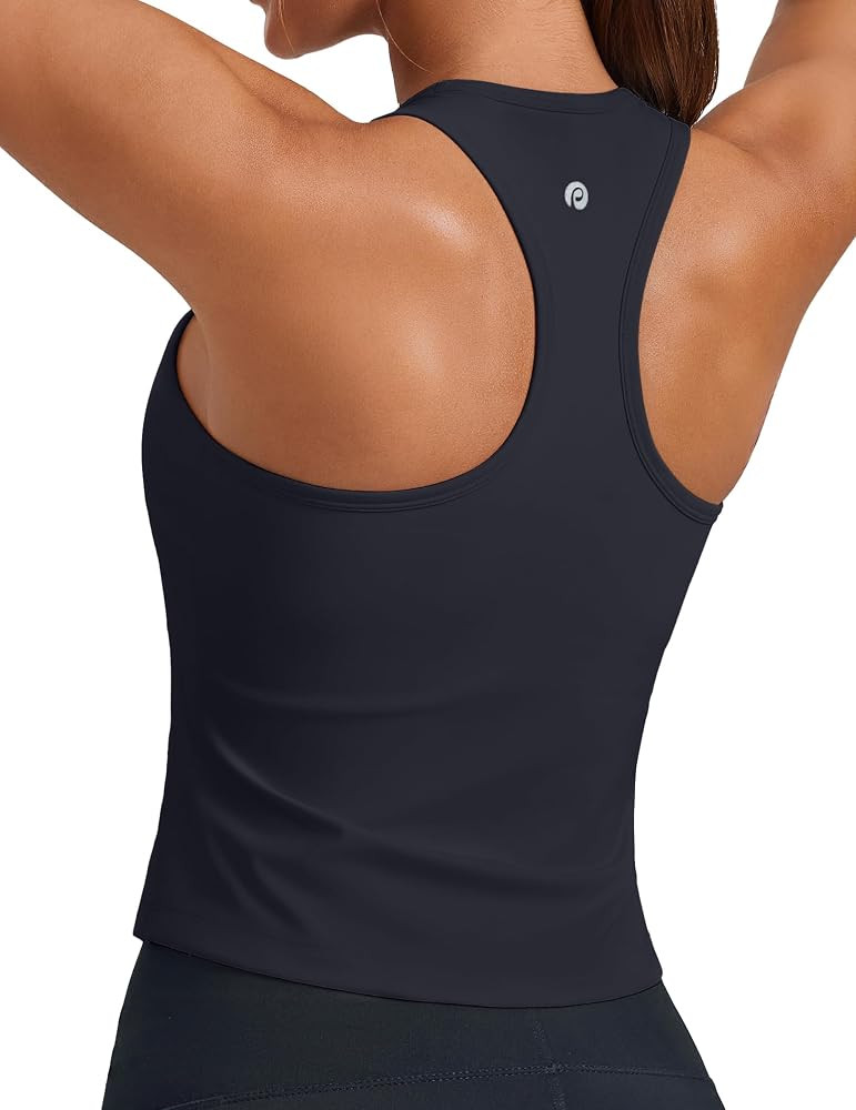 PINSPARK Workout Tops for Women Racerback Tank Top with Built in Bras Waist Length Yoga Tops Padd... | Amazon (US)