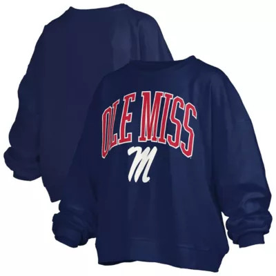 Pressbox NCAA Ole Miss Rebels Janise Arch Over Logo Waist Length Oversized Pullover Sweatshirt, Navy Blue, Large | Belk