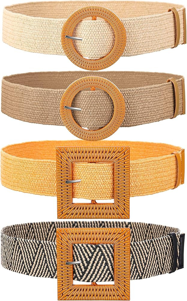 4 Pack Straw Woven Belt Elastic Stretch Rattan Waist Belt Women Skinny Raffia Dress Belt Wooden Buck | Amazon (US)