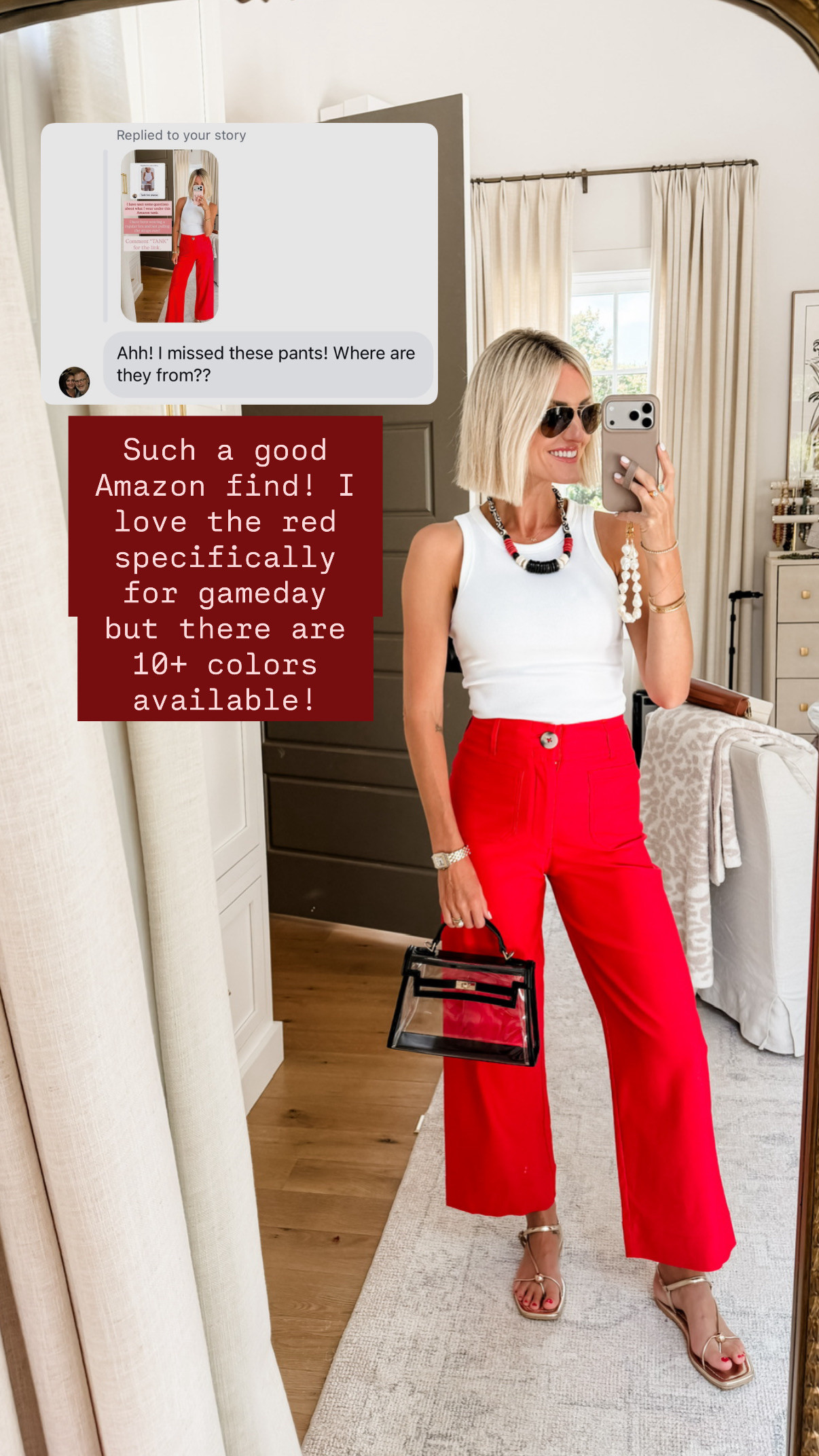 Georgia game day pieces from Amazon I’m loving!! Wearing S/26. 

Loverly Grey, UGA gameday outfit inspo, Amazon find, Amazon fashion, game day outfit ideas, white tank outfit, red pants outfit, red jeans outfit #LTKootd 

 #LTKSeasonal