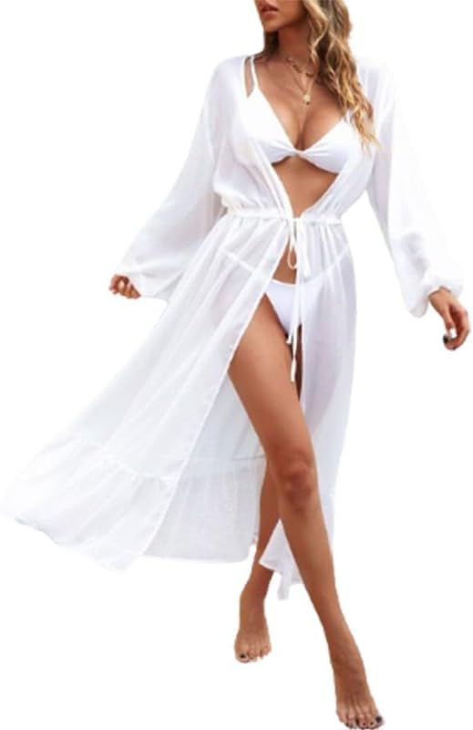 Dokotoo Women's 2024 Summer Tie Waist Open Front Beach Swimsuit Cover Up Maxi Sheer Kimonos Dress... | Amazon (US)