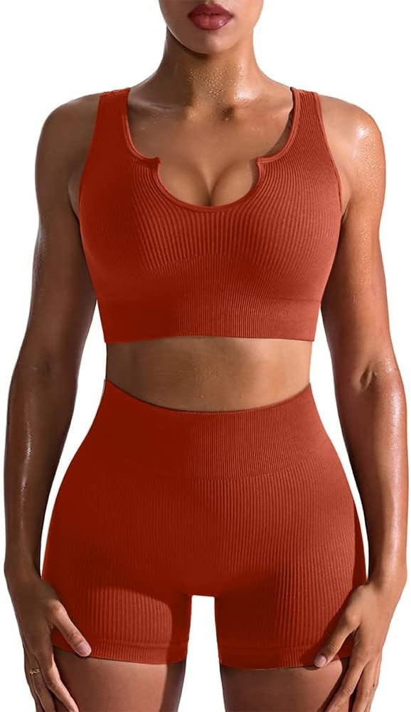 YVYVLOLO Workout Sets for Women 2 Piece Seamless Ribbed Sports Bra High Waist Yoga Shorts Outfits | Amazon (US)