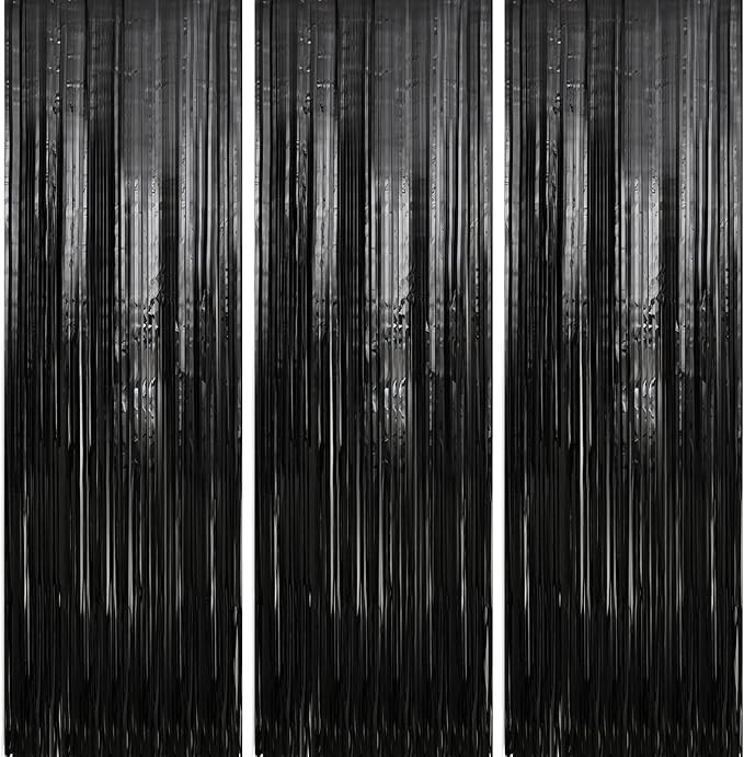 Crosize 3 Pack 3.3 x 9.9 ft Black Foil Fringe Backdrop Streamer Curtains, Birthday Party Decorati... | Amazon (US)