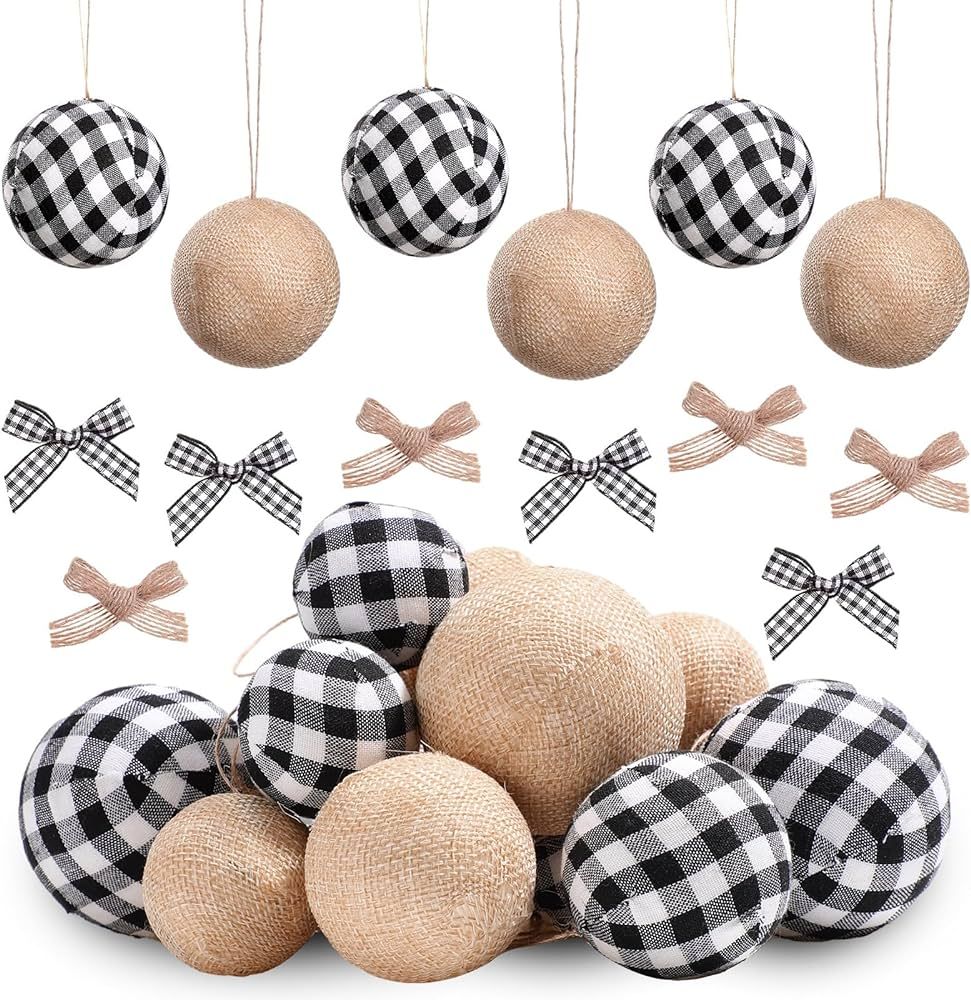 Sratte 48 Pcs Farmhouse Christmas Ornaments 24 Pcs Buffalo Plaid Fabric Ball with 24 Pcs Bow Coun... | Amazon (US)