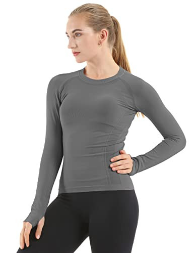 MathCat Seamless Workout Shirts for Women Long Sleeve Yoga Tops Sports Running Shirt Breathable Athletic Top Slim Fit Dark Grey | Amazon (US)