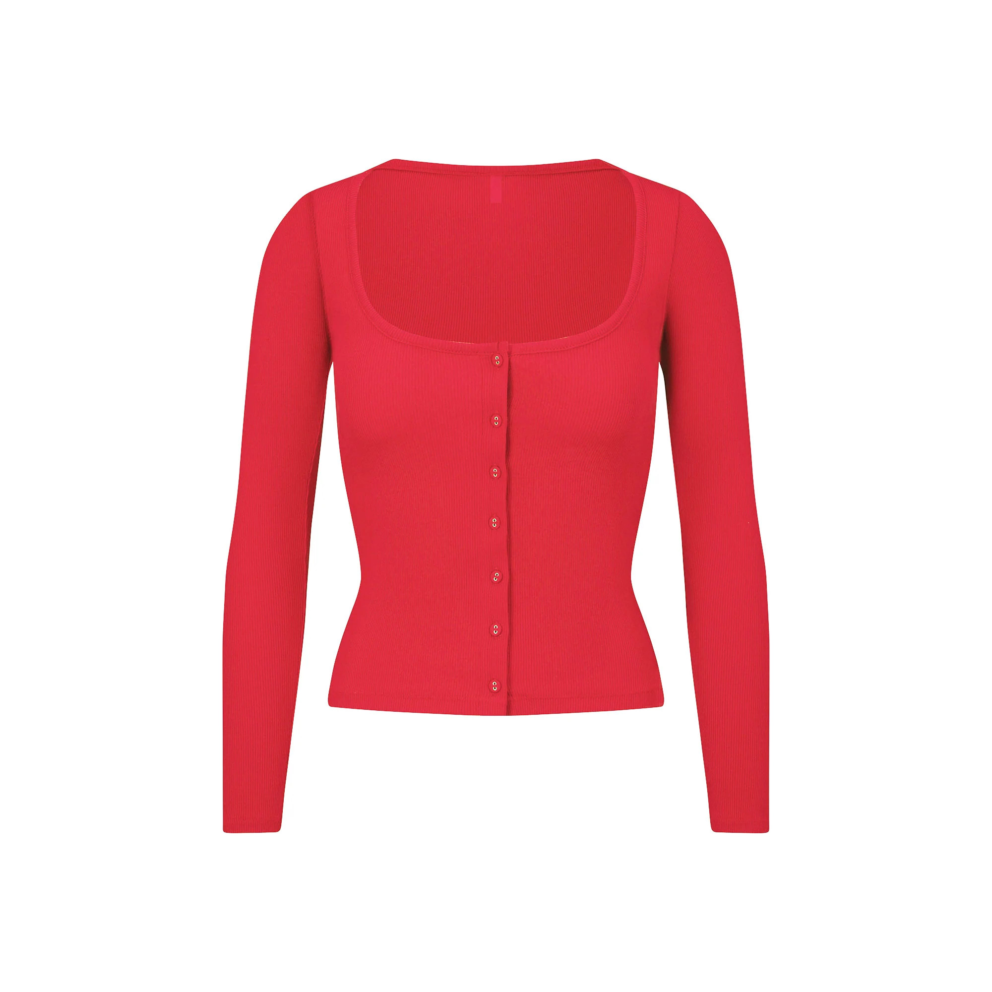 COTTON RIB LONG SLEEVE BUTTON UP | CRANBERRY | SKIMS (US)