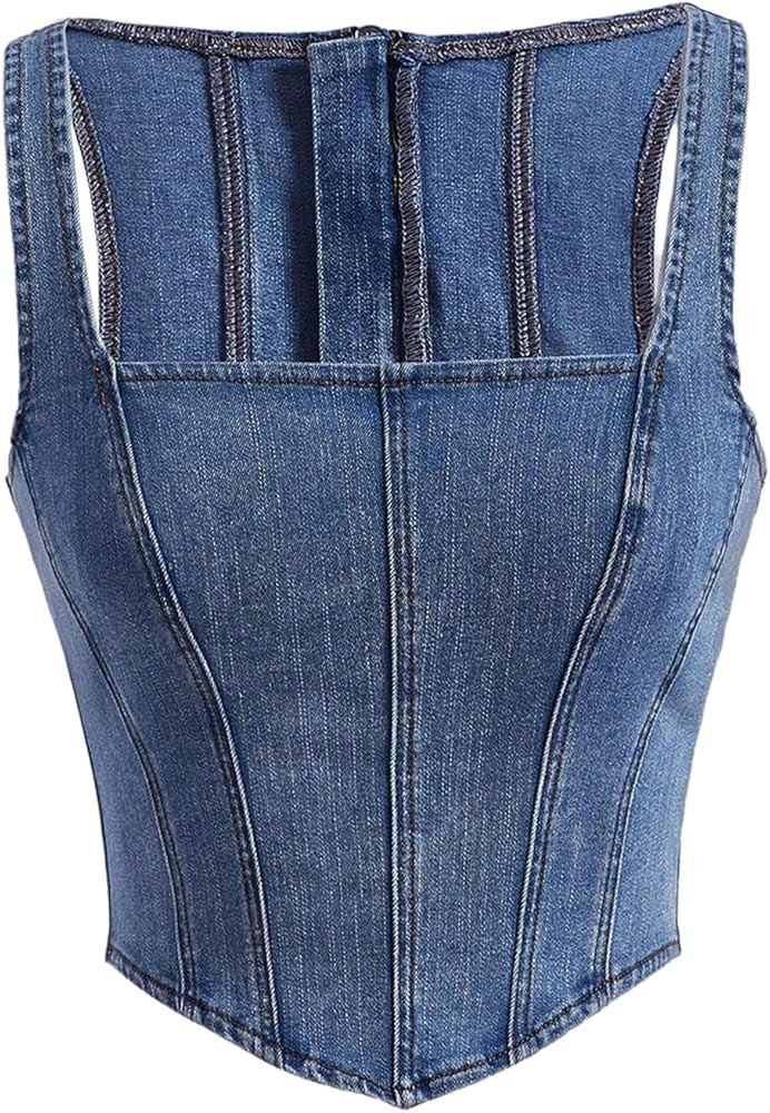 WDIRARA Women's Square Neck Sleeveless Zip Back Asymmetrical Denim Tank Crop Top | Amazon (US)