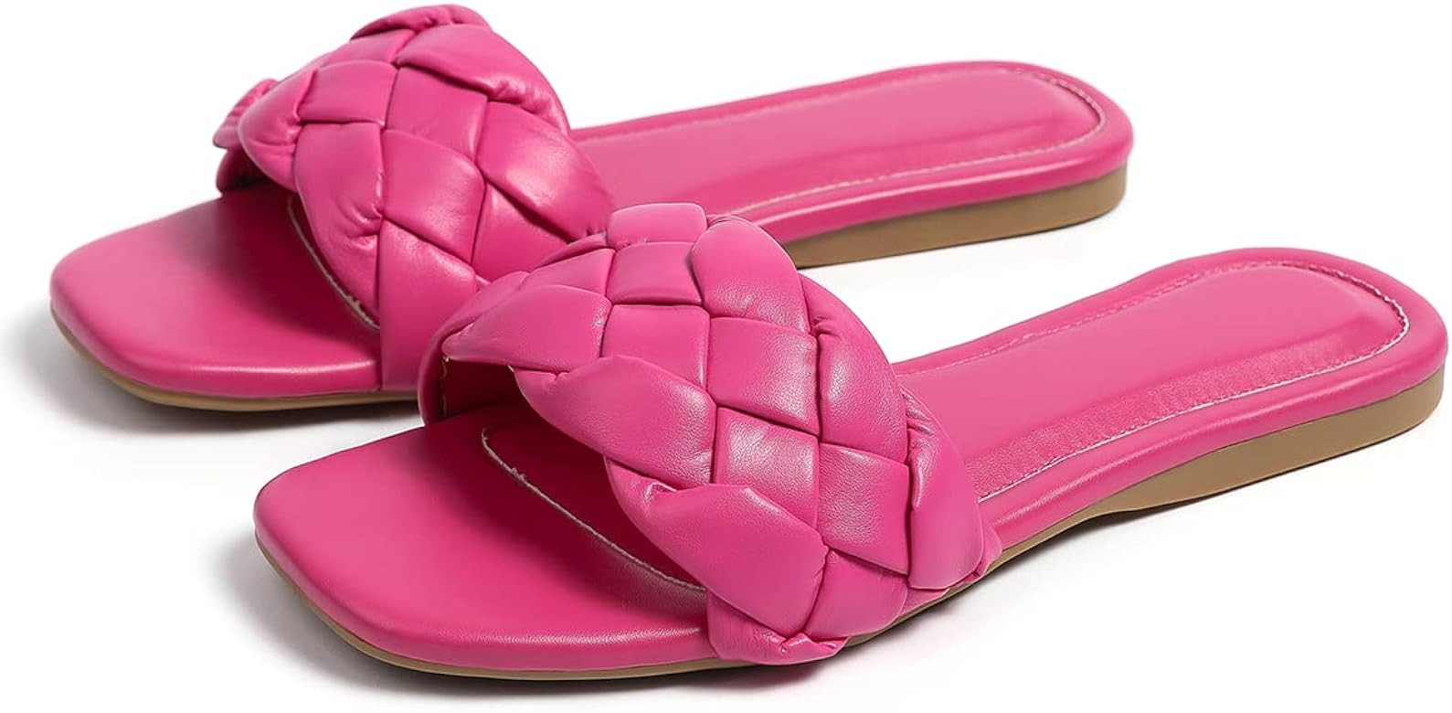 HAPUSS Womens Flat Slide Sandals,nude braided sandals for women,Square Open Toe Slippers Cute Sli... | Amazon (US)