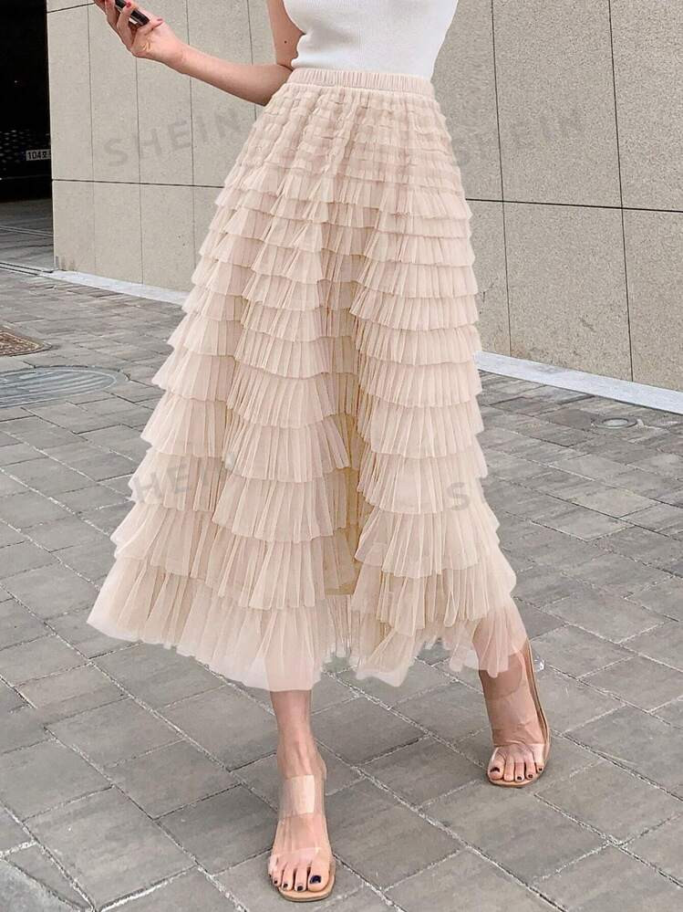 DAZY Solid Mesh Layer Hem Skirt | SHEIN