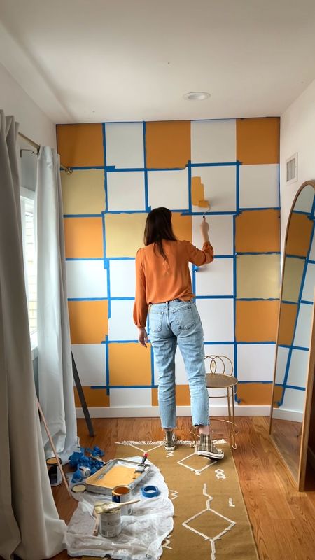 Would you have added the second paint color, or left it orange & white? 😝🧡 I loved the dimension it added! One tip: to paint the 2 & 4 row, I had to remove the tape and retape the squares! It’s hard to tell sped up 🥲 but I posted full details on my blog! #diyhomedecor 

#LTKhome #LTKVideo
