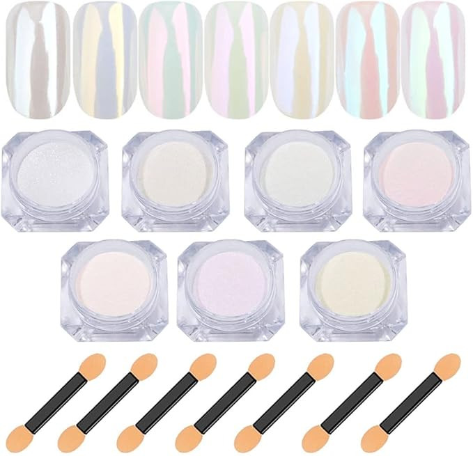 7 Colors White Pearl Chrome Nail Powder Aurora Metallic Nail Powder Holographic Mirror Effect Chr... | Amazon (US)