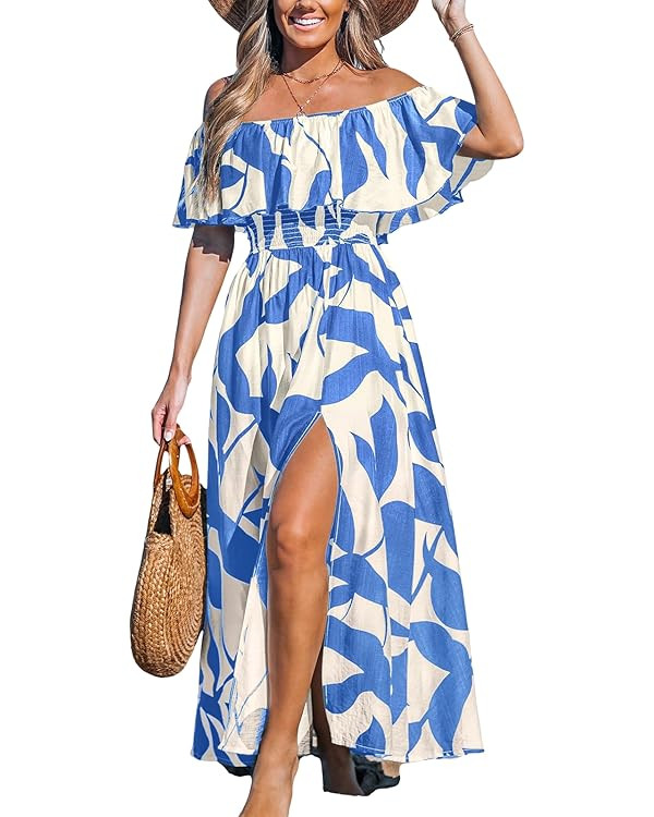 CUPSHE Women Ruffle Floral Maxi Summer Dress Off Shoulder Short Sleeve Backless Flounce Bodice Sl... | Amazon (US)