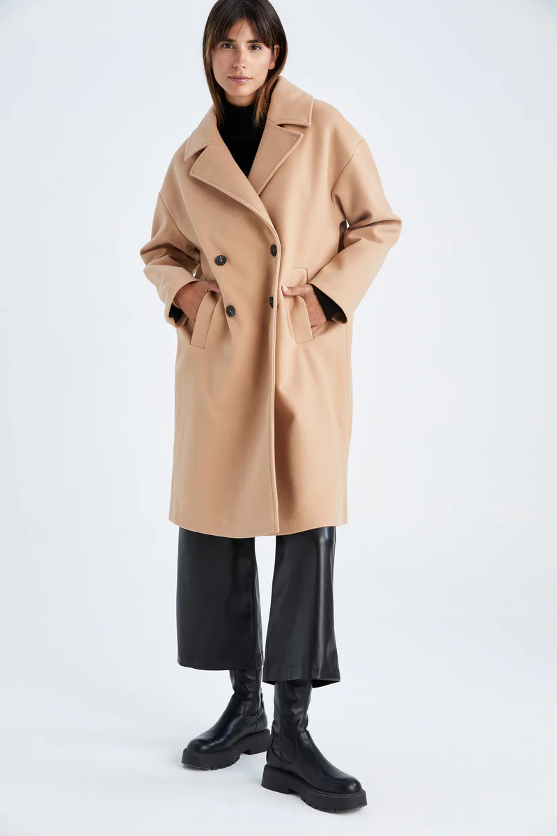 Oversized Long Sleeve Midi Coat - Brown | DeFacto UK