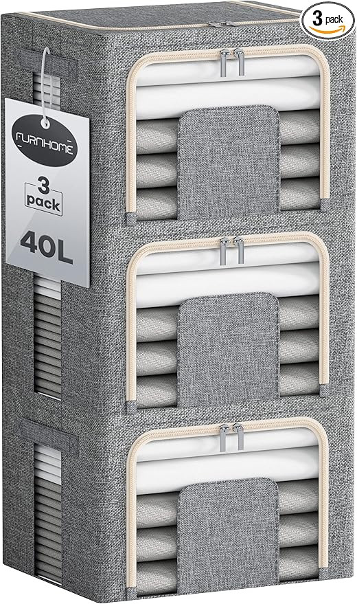 Furnhome 3 Pack 40L Organizer/Bins, Sturdy Stackable, Foldable Clothing Storage for Closet with Z... | Amazon (US)
