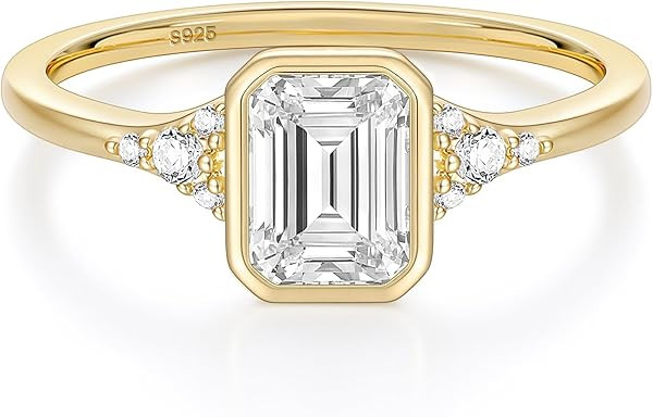 EAMTI Anillos de compromiso de plata de ley 925 de 2CT con corte esmeralda, bandas de boda para m... | Amazon (US)
