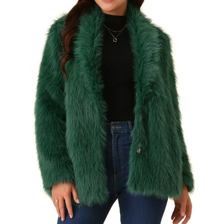DARING DIVA Women s Faux Fur Coat Long Sleeve Pockets Lapel Fluffy Overcoat S Dark Green | Walmart (US)