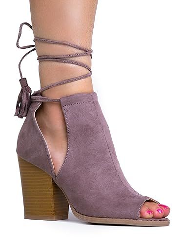 J. Adams Peep Toe Lace up Ankle Bootie - Stacked Mule High Heel - Open Toe Cutout Ankle Strap - Cady | Amazon (US)