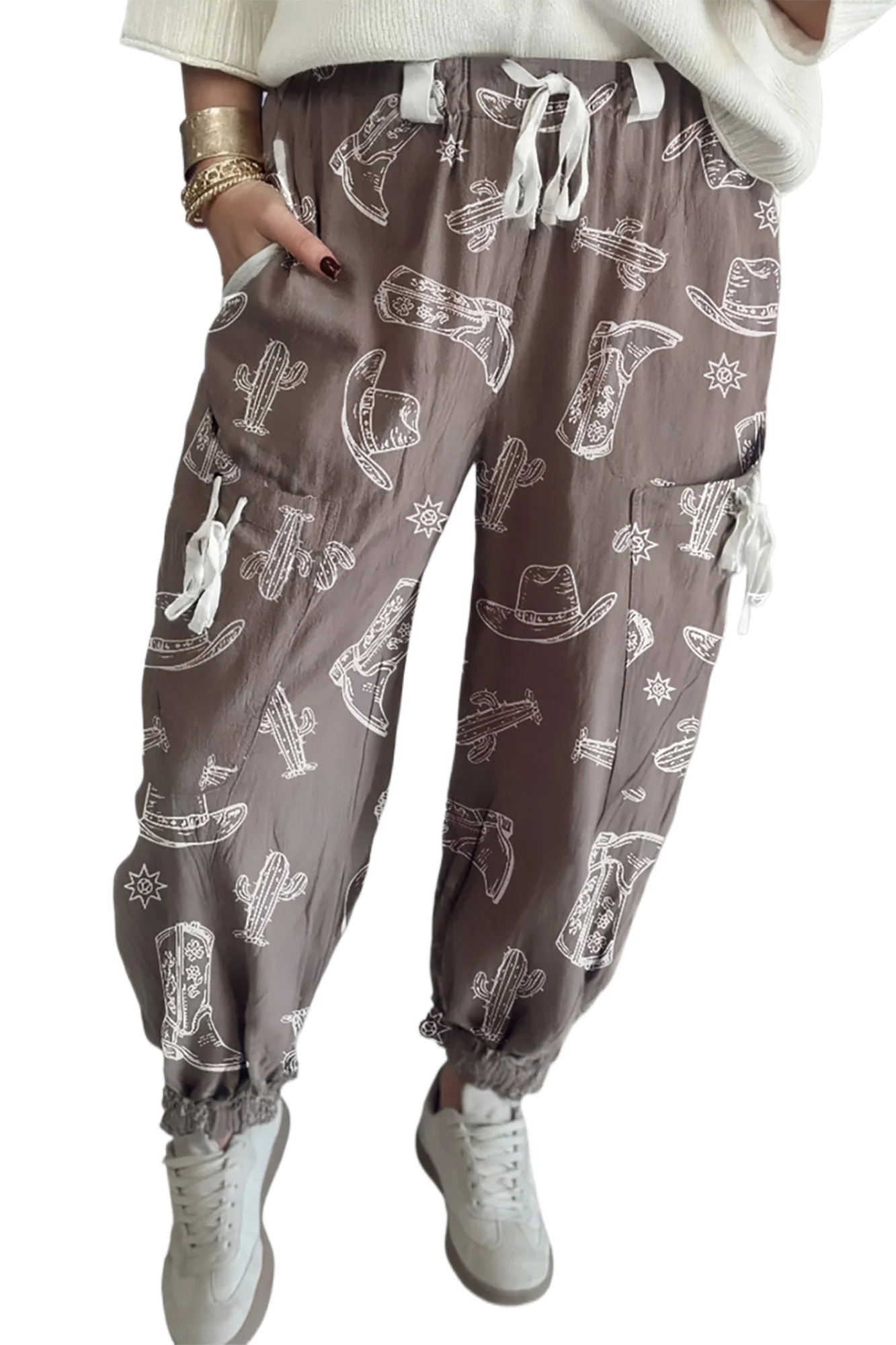 Women's Khaki Western Print Joggers – Casual Cactus and Cowgirl Hat Drawstring Pants, XL - Walm... | Walmart (US)