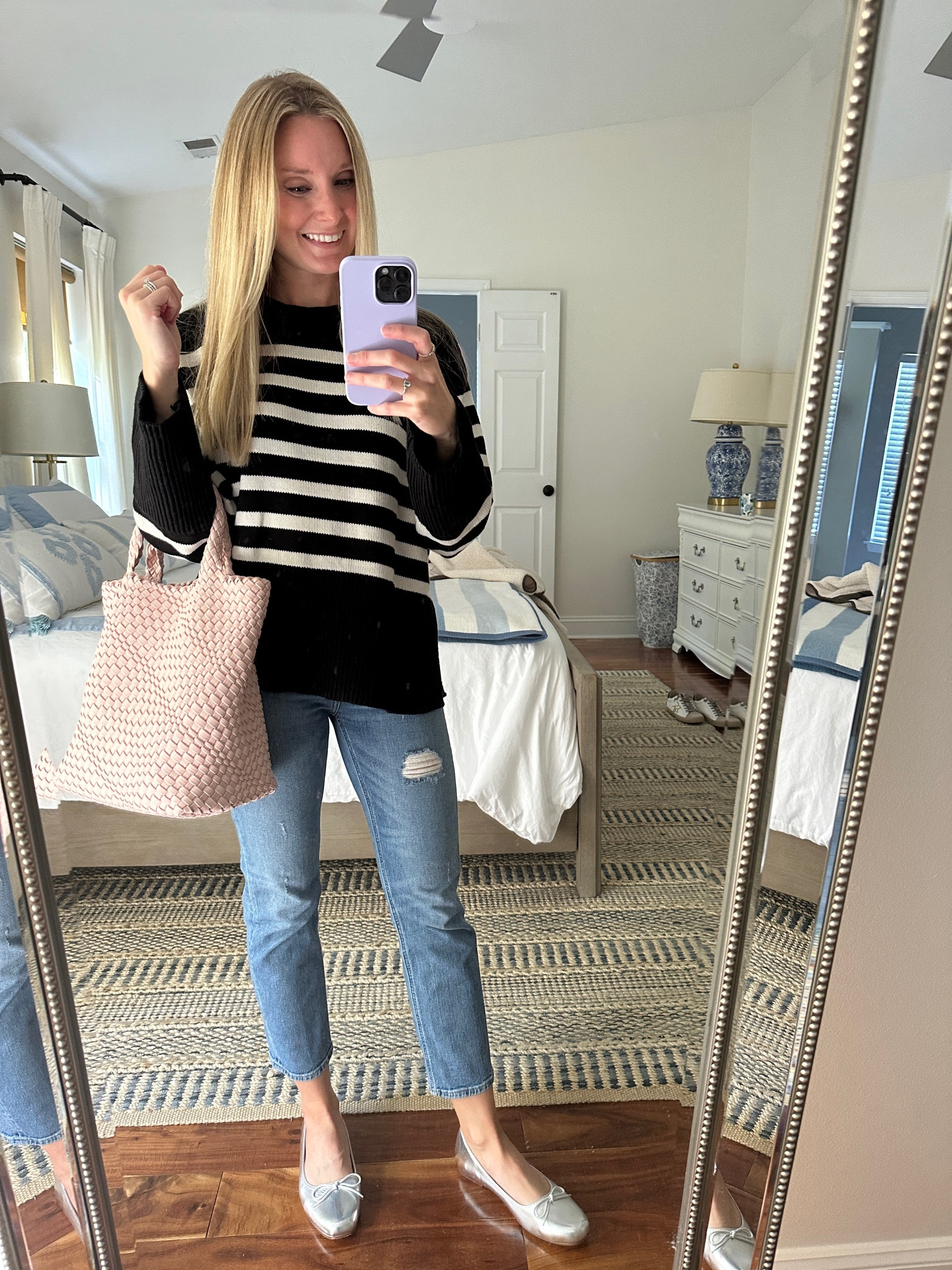 Casual outfit for running errands - silver ballet flats - pink tote - striped sweater 

#LTKstyletip #LTKfindsunder50 #LTKSeasonal