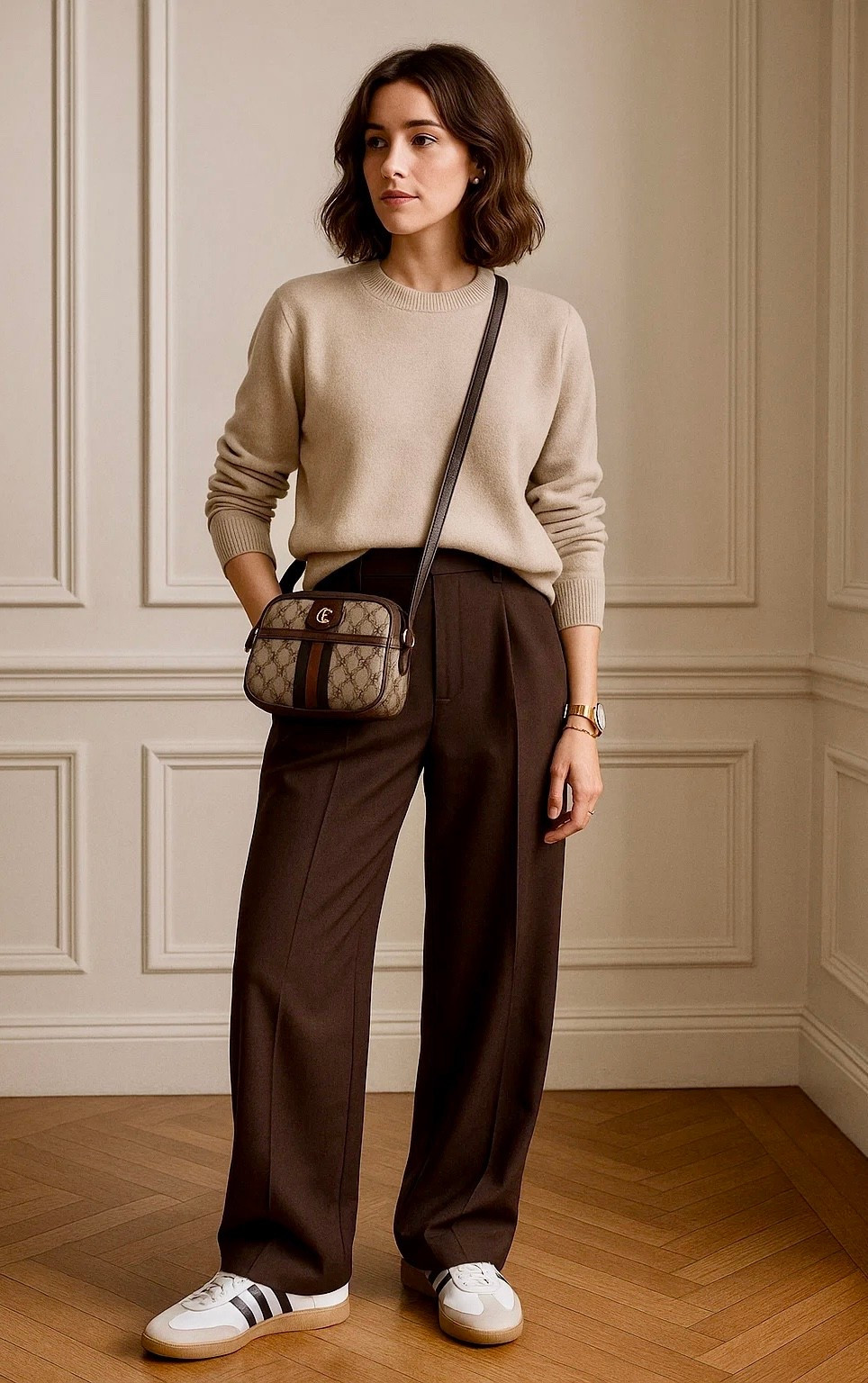 Cozy neutrals for fall 🍂✨ Wide-leg trousers + a soft knit = instant chic. Adding the Gucci Ophidia bag gives the perfect luxe touch.
