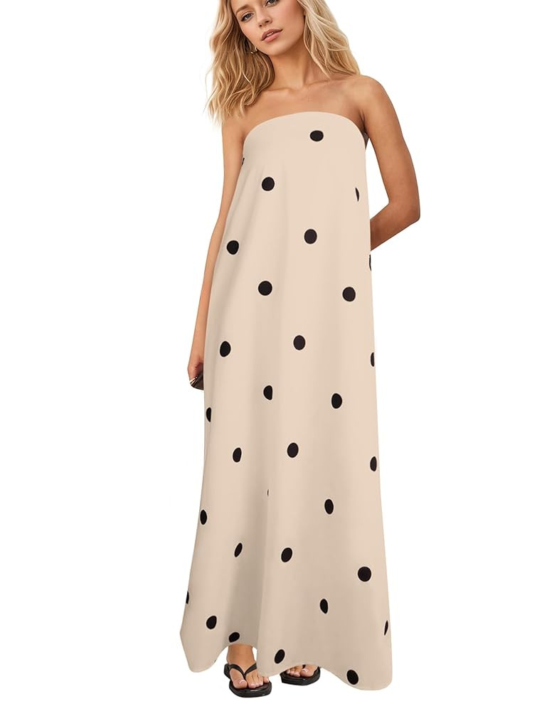 Women Polka Dot Strapless Maxi Dress Summer Flowy A Line Ruffle Backless Off Shoulder Long Tube D... | Amazon (US)