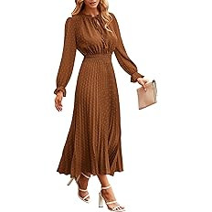 PRETTYGARDEN Women's 2024 Fall Midi Dress Casual Long Sleeve V Neck Swiss Dot Pleated A Line Flow... | Amazon (US)