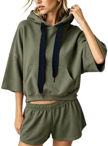 Megfie Womens Cropped Three Quarter Sleeve Hoodie Contrast Drawcord | Amazon (US)
