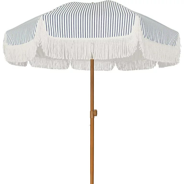 AMMSUN 7ft Patio Umbrella with Fringe Outdoor Tassel Umbrella UPF50+ Tilt - Navy Blue Stripes | Walmart (US)