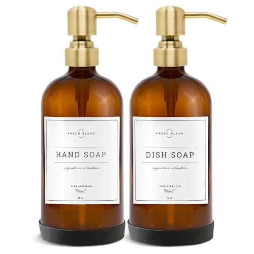 Vine Creations Amber Glass Soap Dispenser, 2 Pack Kitchen Soap Dispenser Set with Stainless Steel Pump, 16 oz Hand Soap and Dish Soap Dispensers for Kitchen or Bathroom with Waterproof Labels | Amazon (US)