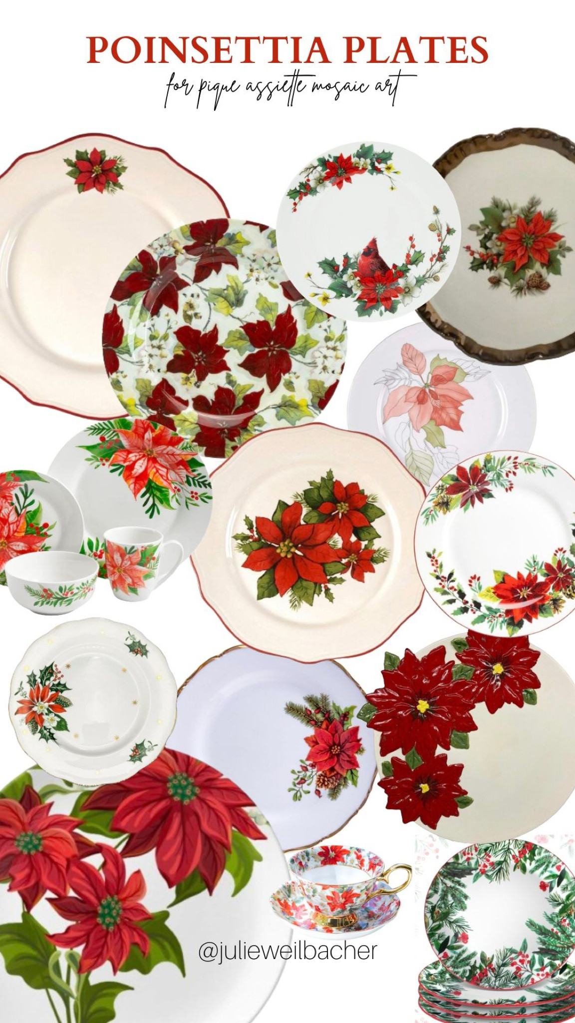 Sharing this beautiful mix of poinsettia dinner plates. They’re beautiful for your holiday meals…or if you’re a mosaic artist, they’re also perfect to break. ❤️ There’s a style of mosaic art called pique assiette which incorporates broken plates, tiles, found objects, etc. into the same art piece. ❤️ For mosaic tips, tutorials, inspiration, and so much more please visit my YouTube channel: YouTube.com/julieweilbacher. ❤️ Follow @julieweilbacher on Instagram for all things mosaic art. Poinsettia - dinnerware - dinner plates - Christmas tablescape - Christmas Eve dinner - holiday entertaining - poinsettia plates - mosaic - broken plate mosaic - mosaics

#LTKSeasonal #LTKhome #LTKHoliday